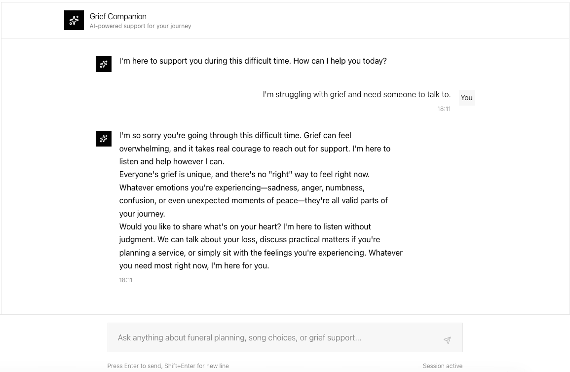 AI Grief Companion conversation showing empathetic support